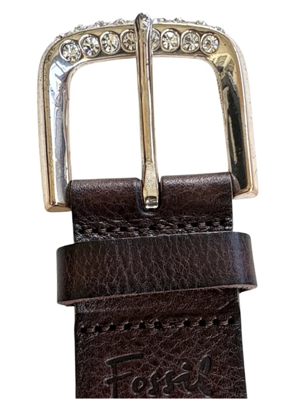 EUC Fossil Leather Rhinestone Buckle Belt Brown Size Small Brown